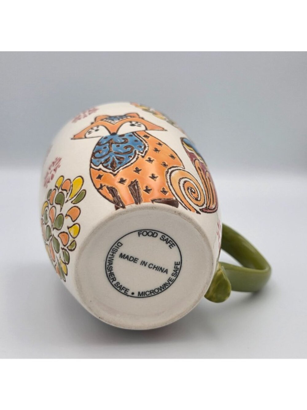 Fox-Themed Ceramic Mug Green Handle Colorful Designs 16oz - Picture 4 of 7